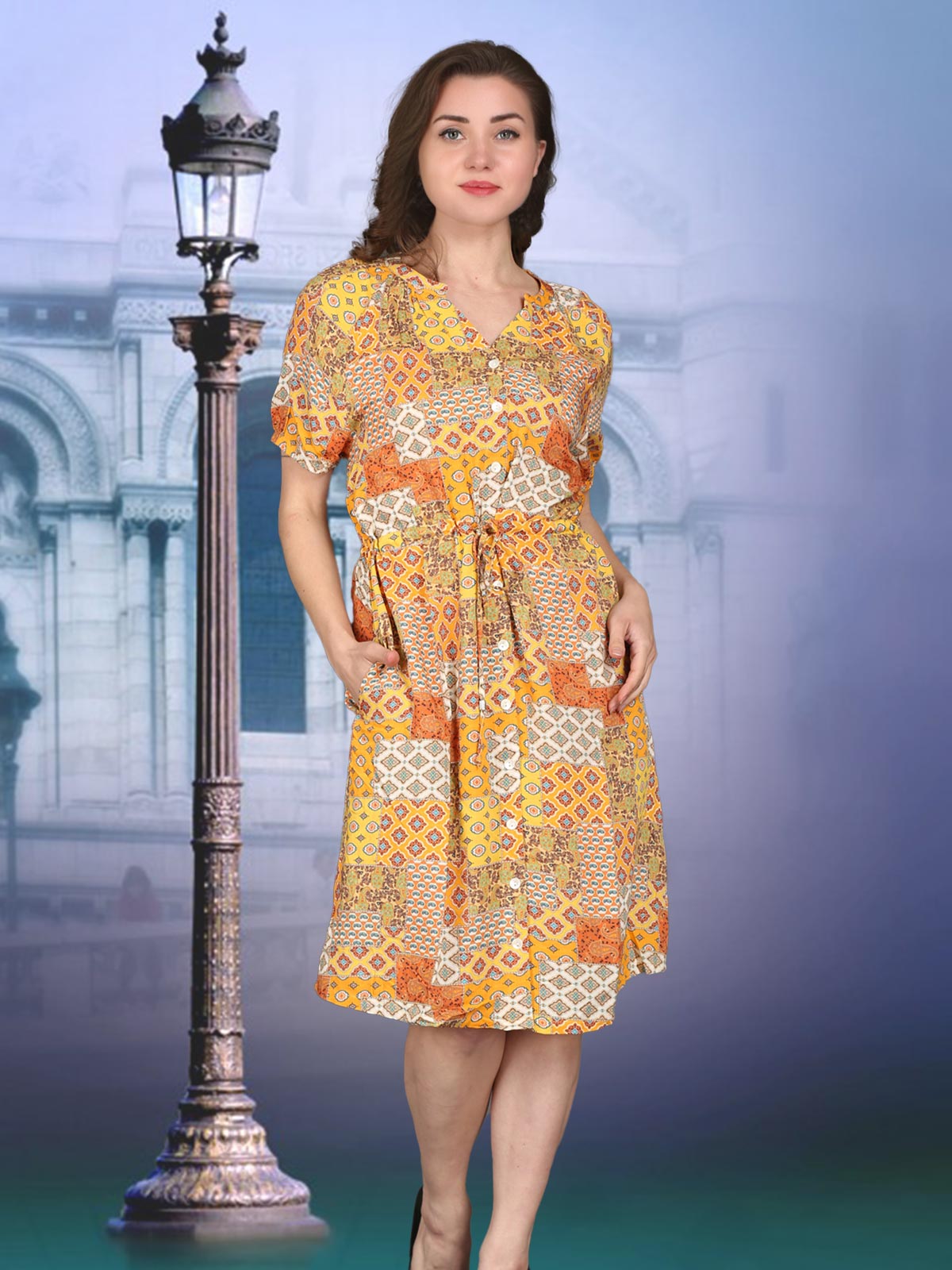 PRINTED TUNIC WITH FUNTIONAL PLACKET & SHORT SLEEVE