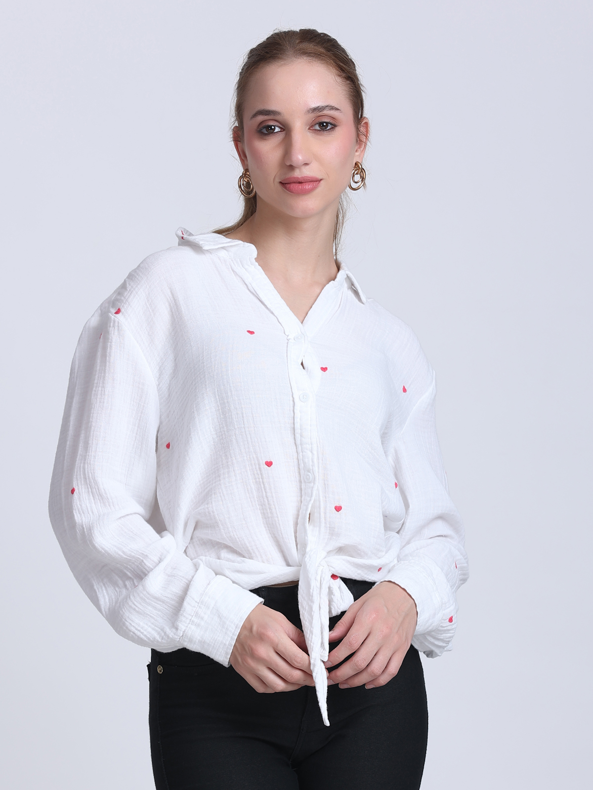 COTTON DUBBLE GAUZE BOTTOM TIE-UP SHIRT