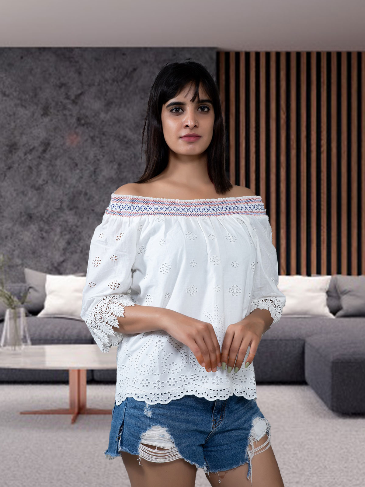 SCHIFFLY OFF SHOULDER SLEEVE TOP