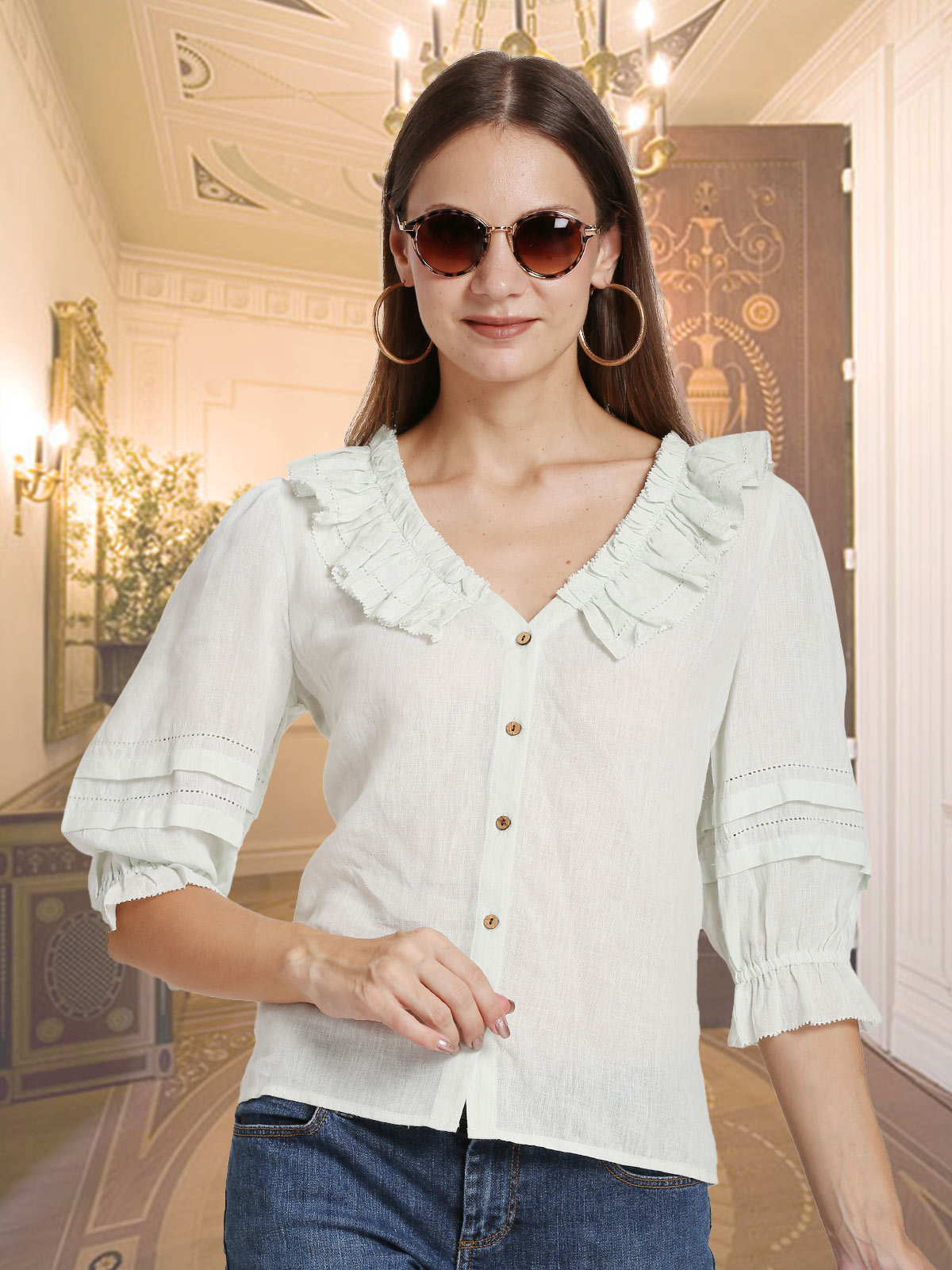 RUFFLE BLOUSE WITH 3/4 SLEEVES