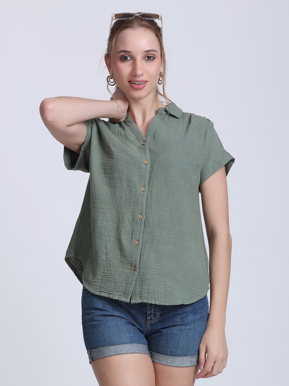 COTTON DUBBLE GAUZE SHIRT WITH CALF SLEEVE