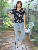 Navy Floral Print V-Neck Blouse With Fluffy Sleeves and Gather