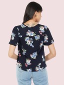 Navy Floral Print V-Neck Blouse With Fluffy Sleeves and Gather