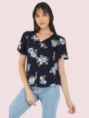 Navy Floral Print V-Neck Blouse With Fluffy Sleeves and Gather