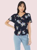 Navy Floral Print V-Neck Blouse With Fluffy Sleeves and Gather