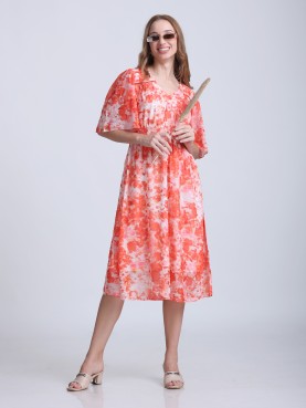 PRINTED POLY GGT FLERED DRESS WITH LINING LACE & SMOKING-front