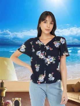 Navy Floral Print V-Neck Blouse With Fluffy Sleeves and Gather-front