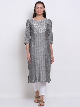 YARN DYED EMBROIDERY KNEE LENGTH KURTA-front